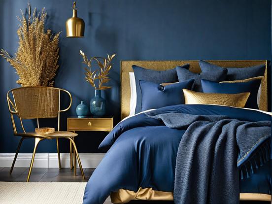 Blue gold bed closeup chair