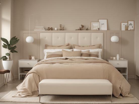 Beige bedroom with white bench