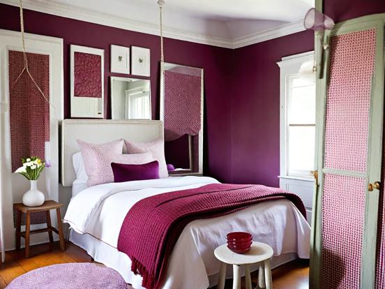 Purple bedroom white bed pink chair