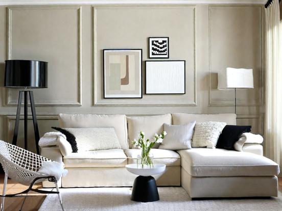 beige black and white living room