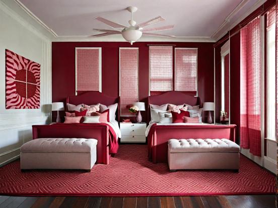 Bright twin bedroom red accents