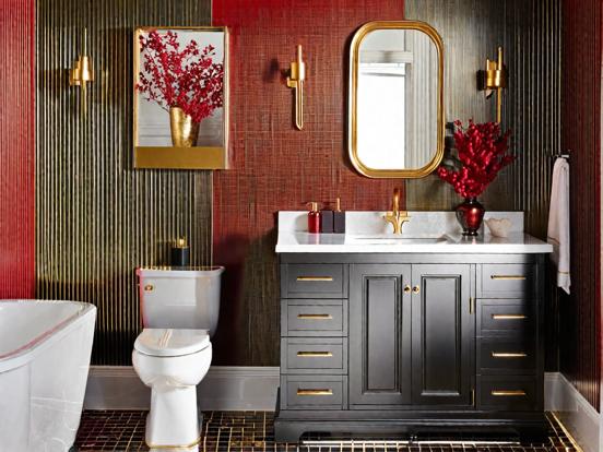 Black gold red bathroom decor