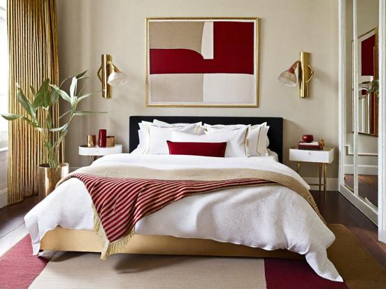 Red gold bedroom with decor