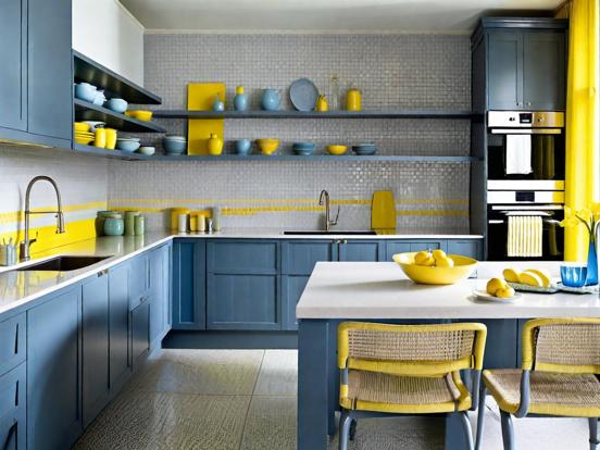 Blue yellow kitchen closeup