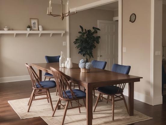 Blue chair dining set with plant