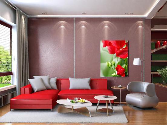 Bright living room red couch