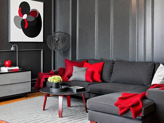 Gray couch red pillows room