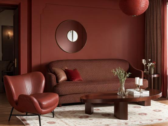 Red couch living room decor