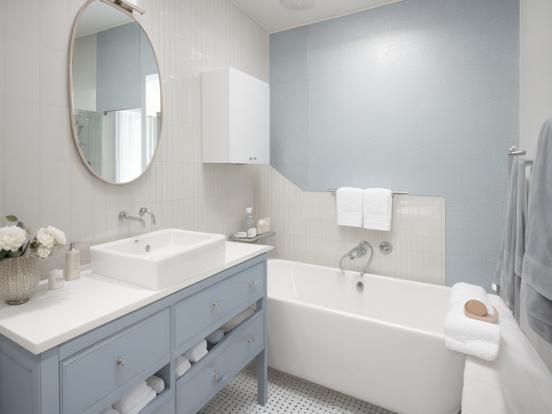 Blue white bathroom vanity tub