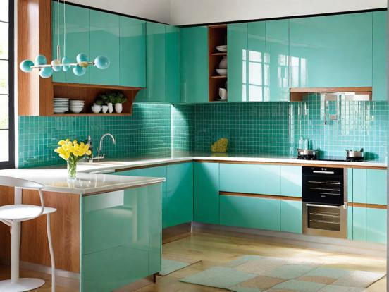 Modern teal kitchen closeup