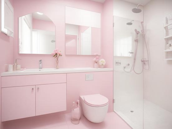 Pink bathroom with toilet shower