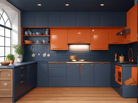 Kitchen with blue orange theme