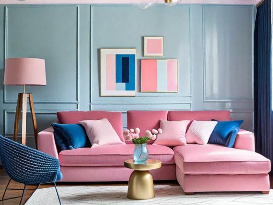 Pink couch blue pillows decor