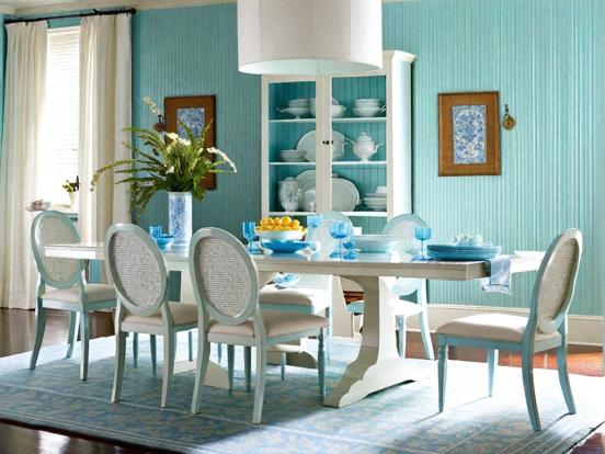 Blue dining room table chairs vase