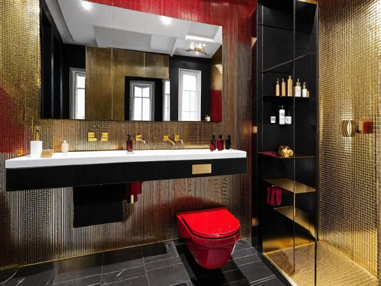 Red gold black bathroom closeup