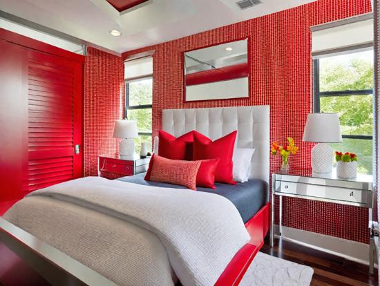 Red white bedroom bold decor