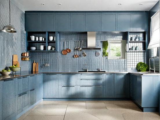 Blue kitchen cabinets closeup