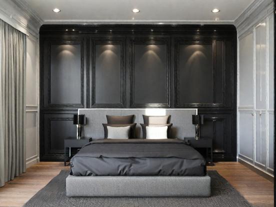 Dark bedroom with black walls