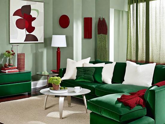 Bright green red living room