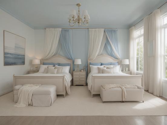 Blue white bedroom twin beds