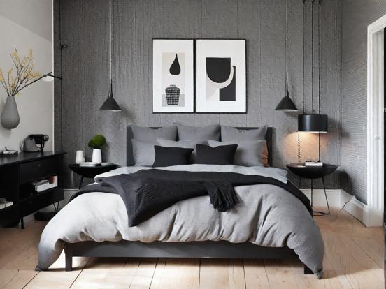 Cozy gray bed dark Scandi room