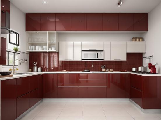 Luxury red grey kitchen closeup