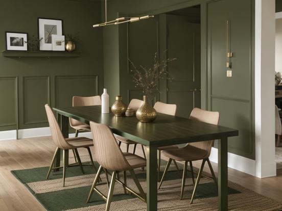 Closeup dining room green gold