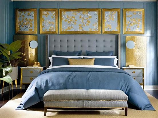 Blue gold bed bench serene