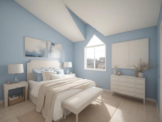 Blue white bedroom CGI render