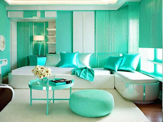 Bright teal living room decor