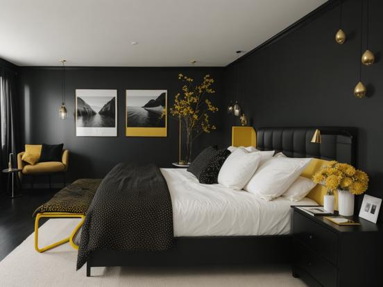 Bed closeup black headboard yellow