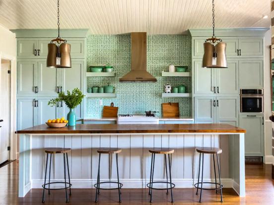 Kitchen island bar teal lights