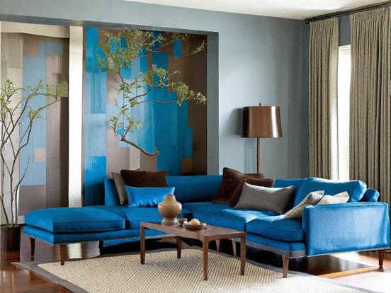 Blue couch living room decor