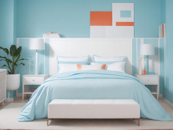 Blue bed white bench teal orange