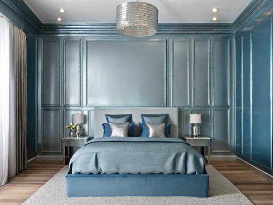 Closeup of stylish blue bedroom