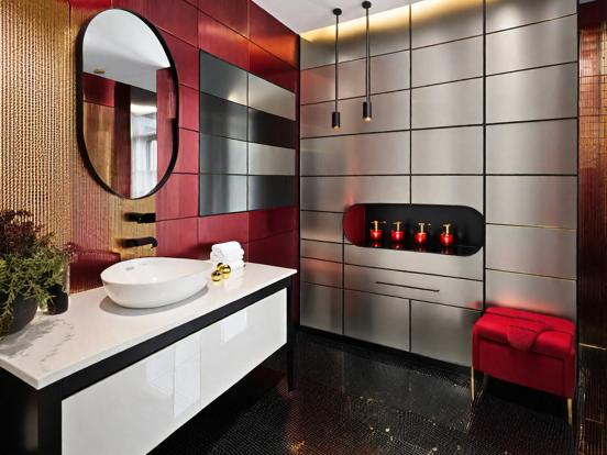 Red black gold bathroom decor