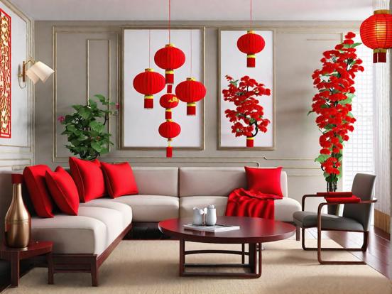 Asian living room red decor