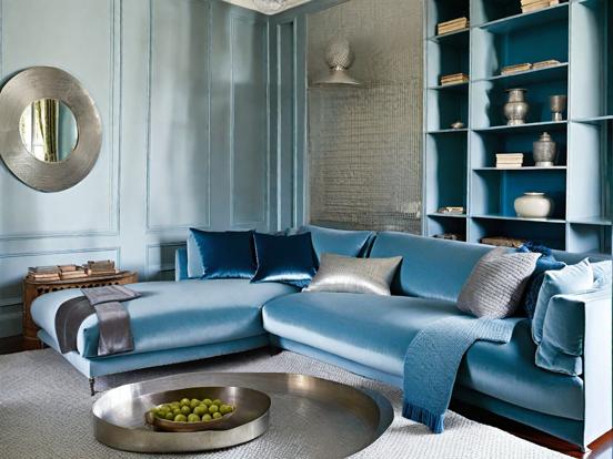 Blue couch round table living room