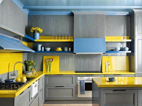 Yellow gray kitchen blue accents