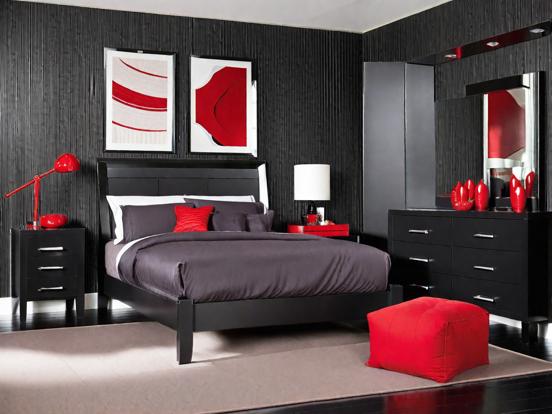 Red black bedroom with ottoman