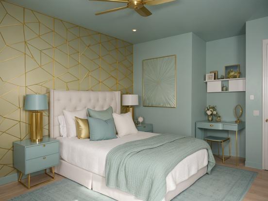 Teal gold bedroom with fan