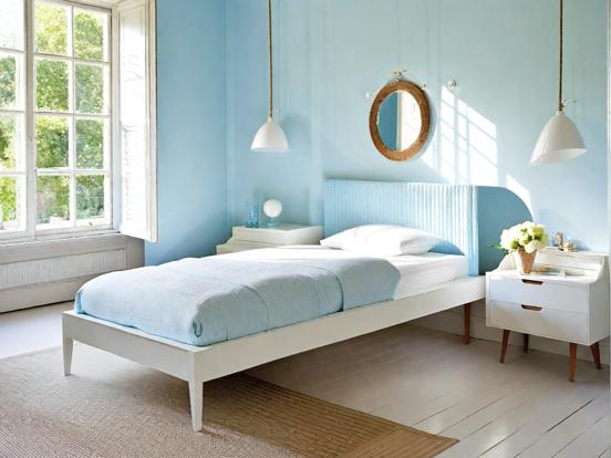 Blue white bedroom bed dresser