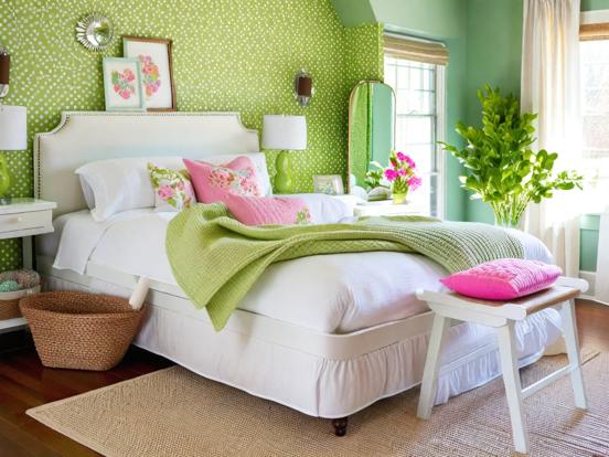 Closeup girly bed green pink