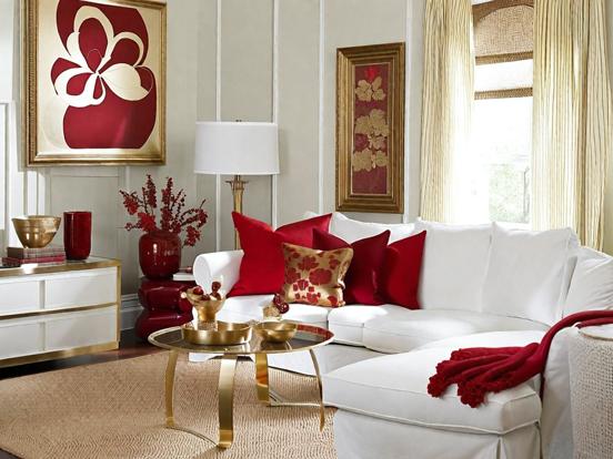 Red white living room decor