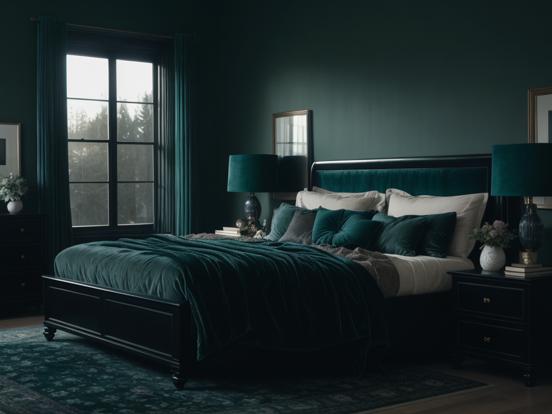 Dark green bed and rug closeup