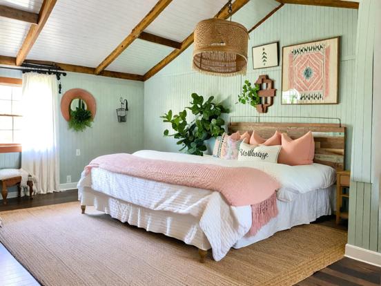 Cozy pink teal cottage bedroom