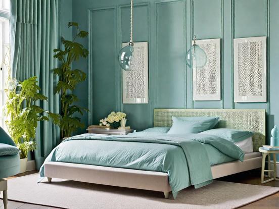 Closeup of serene teal bedroom