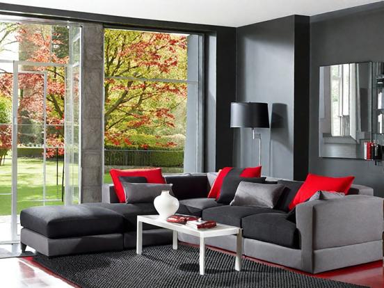 Red black gray living room decor