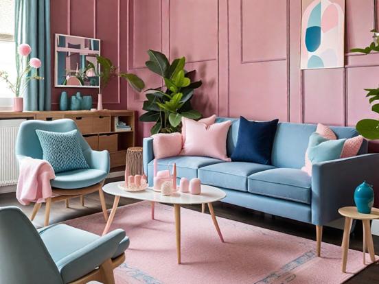 Bright blue couch pink room