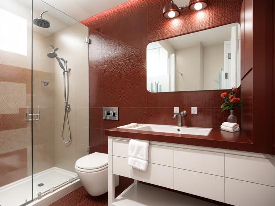 Modern red brown bathroom interior